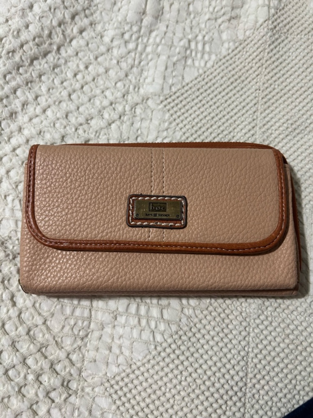 b.o.c. Trifold Pebbled Wallet in Blush with Tan Trim